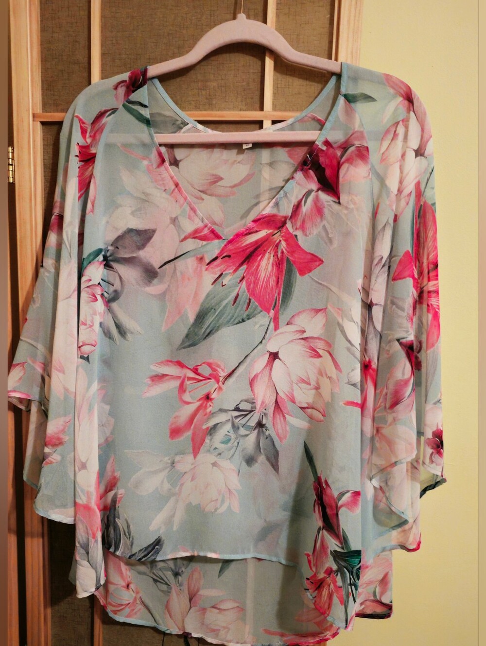 LAVENDER BROWN Floral Silk Blend Sheer V Neck Top Medium